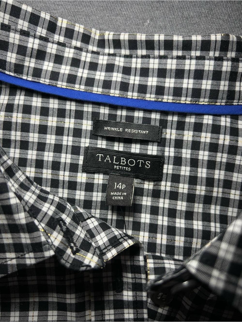 Talbots Black, White & Shiny Gold Plaid Button-Down Shirt Cotton